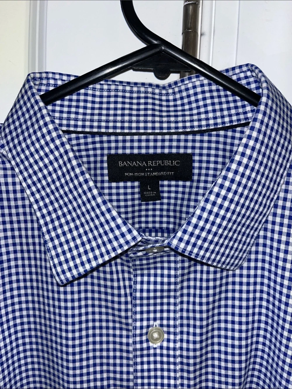 Blue White Non Iron Gingham Check Plaid Banana Republic LS Shirt L STD Fit Men’s